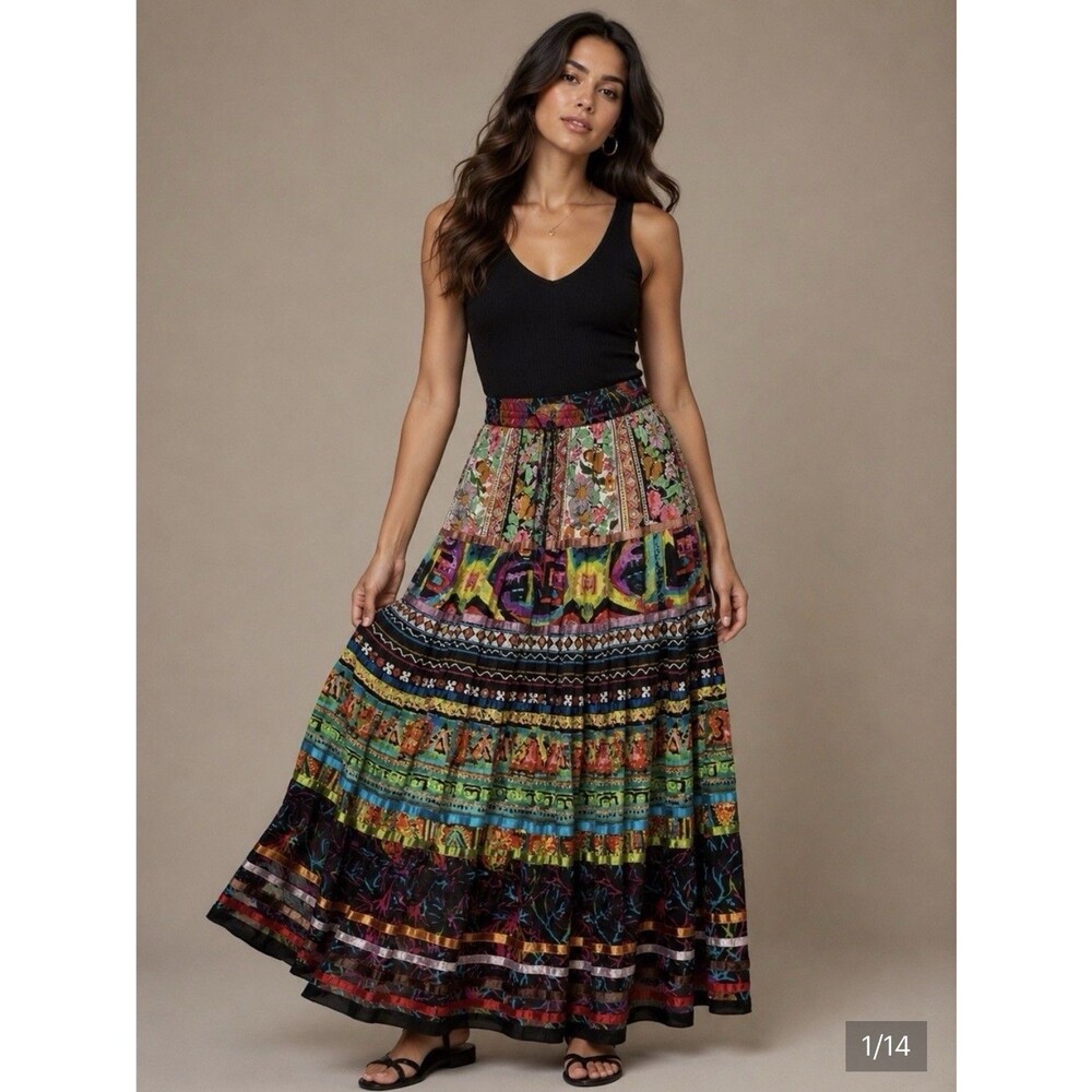 TravelSmith Maxi Skirt S Floral Tiered Boho Hippie Gypsy Broomstick Multicolor